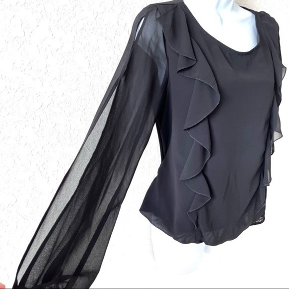 BCX black chiffon ruffle blouse sheer sleeves hidden elastic waist Sz M - Picture 3 of 12